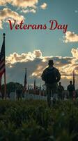 Remembering veterans on the day of honor at a cemetery surrounded by flags in a peaceful sunset setting photo