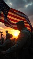 Soldiers honor flag during sunset ceremony in a patriotic display of camaraderie and respect for service photo