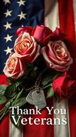 Roses and dog tags arranged in tribute to veterans against a backdrop of the American flag photo