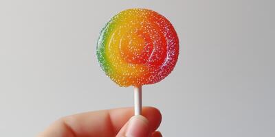 Colorful lollipop held by a hand with a bright background during daytime photo