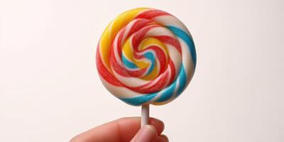 Colorful spiral lollipop held by hand against a plain background showcasing delightful candy design photo