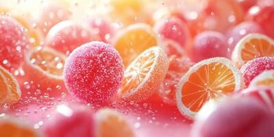 Colorful fruit candies create a vibrant sweet display with sparkling droplets in bright pink light photo