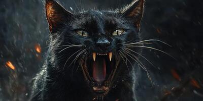 Black cat growling fiercely in a dark, stormy atmosphere with glowing eyes and bared teeth photo