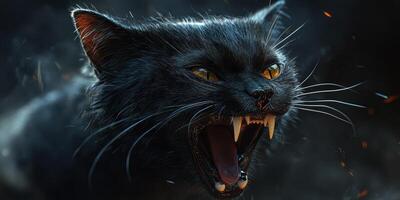 Black cat displaying fierce expression with glowing eyes during nighttime photo