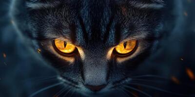 Mysterious feline with glowing eyes surrounded by dark atmosphere and subtle flames photo