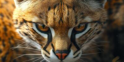 Close-up view of a serval cat showcasing its distinct fur patterns and intense gaze in a natural habitat during daylight hours photo