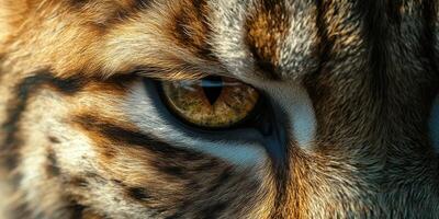 Close up view of a tiger's eye showcasing vibrant colors and intricate patterns in its fur and surroundings photo