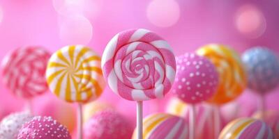 Colorful lollipops arranged beautifully on a stick against a vibrant pink background with a sugary theme photo