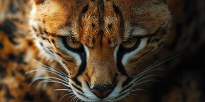 Close view of a focused wild cat in a natural setting during daylight, showcasing distinct fur pattern and sharp gaze photo