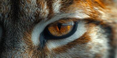Close-up of a tiger's eye displaying striking orange and black patterns in a natural setting during daylight photo