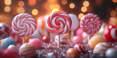 Colorful lollipops and sweets arranged on a festive table with shimmering lights in the background during a celebration photo