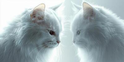 Two white fluffy cats facing each other in a soft, glowing light at a quiet indoor setting photo