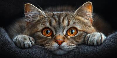 Cat resting on a soft surface with bright orange eyes and detailed fur pattern displaying a curious expression during twilight hours photo