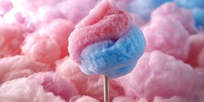 Cotton candy swirl in vibrant colors against a backdrop of fluffy pink and blue cotton candy at a fair photo