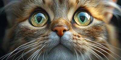 Close-up of a fluffy cat with striking green eyes gazing curiously in soft light indoors photo