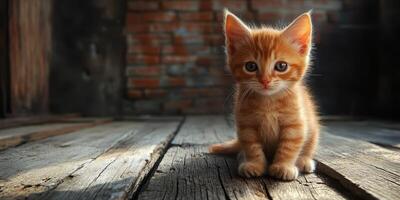 Cute orange kitten sitting on wooden floor in rustic interior with soft lighting photo