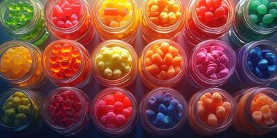 Colorful assortment of gummy candies in jars displayed on a vibrant market table photo