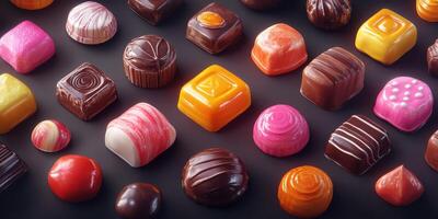 Colorful assortment of chocolates displayed on a dark surface, perfect for celebrations and gifting photo