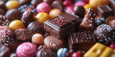 Colorful assortment of various chocolates and candies spread out on a table inviting sweet indulgence photo