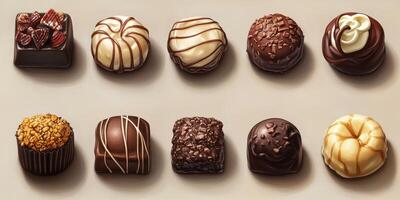 Delicious assortment of assorted chocolates displayed in a tempting arrangement on a neutral background photo