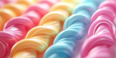 Vibrant pastel colors create a playful display of twisted candy strands in a close-up view photo