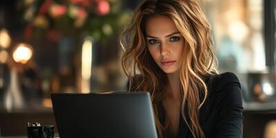 Young woman working intently on a laptop in a stylish cafe during the afternoon photo
