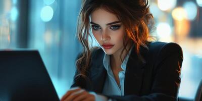 Focused professional working on a laptop in a modern office at night with ambient lighting photo