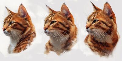 Detailed illustrations of a domestic cat displaying unique fur patterns and expressions in a soft, artistic style capturing its beauty and charm photo