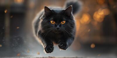 Black cat leaps gracefully in a sunlit urban setting surrounded by golden autumn leaves photo