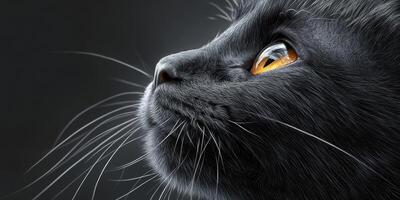 Captivating close-up of a black cat's face highlighting its striking golden eyes and delicate whiskers photo