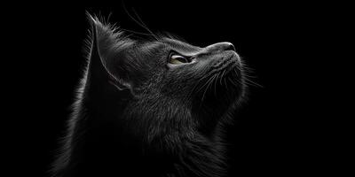 Captivating black cat gazing upward in dramatic lighting against a dark background photo
