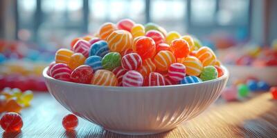 Colorful candy assortment in a bowl on a wooden surface with bright background lighting photo