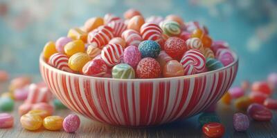 Colorful bowl of assorted candies with bright hues and shiny textures on a wooden surface photo