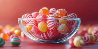 Colorful bowl of assorted candies set against a bright red background photo