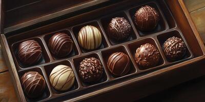 Assorted handmade chocolates displayed in a wooden box with intricate designs and various toppings enjoyed at a special occasion photo