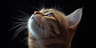 Cat gazing upward with curiosity in a dimly lit setting, showcasing expressive features and a serene posture photo