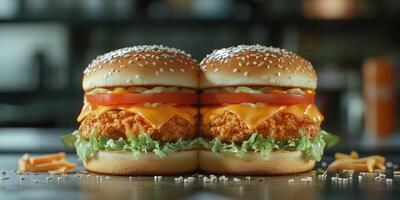 Juicy chicken sandwiches with melted cheese and fresh toppings served in a cozy diner setting photo