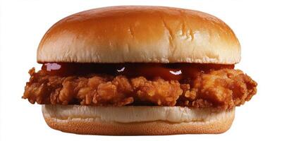 Tasty fried chicken sandwich served on a soft bun with savory sauce photo