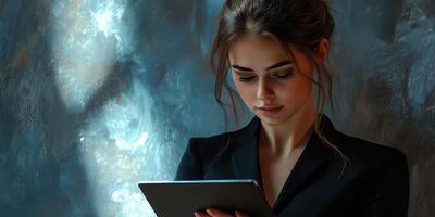 Young woman exploring digital content on a tablet in a stylish indoor setting during evening hours photo