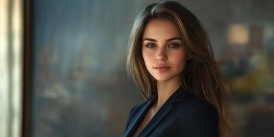 Portrait of a confident woman in professional attire posing indoors during daylight photo