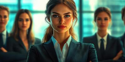 Confident businesswoman stands out among colleagues in modern office setting during daylight hours photo