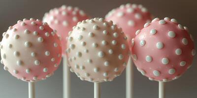 Pink and white cake pops decorated with polka dots on display for a celebration or party photo