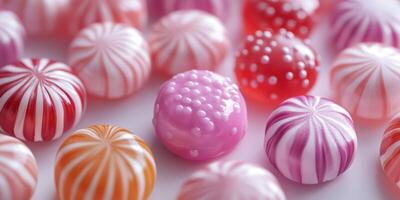 Colorful candy assortment showcasing various shapes and textures on a white surface photo