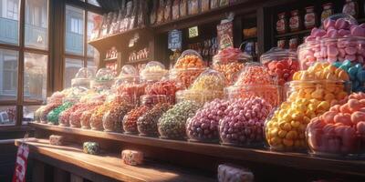 Colorful candy jars fill a charming shop in a vibrant neighborhood on a sunny afternoon photo