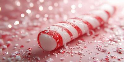 Candy cane placed on a festive background with scattered peppermint pieces and sparkling lights during the holiday season photo
