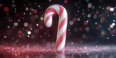 Candy cane decoration on a sparkling surface with festive lights in the background during a holiday celebration photo