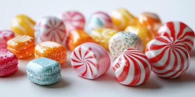 Colorful candies arranged on a white surface showcasing a variety of shapes and flavors in a bright and inviting display photo