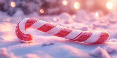 Colorful candy cane resting in soft snow among twinkling lights during festive winter season photo