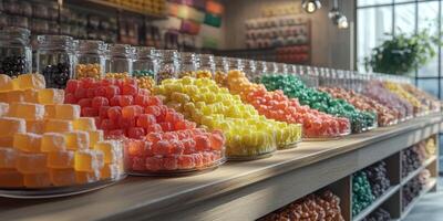 Colorful display of assorted candies in a candy shop on a bright day photo