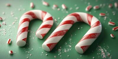 Colorful candy canes scattered on a green surface create a festive holiday atmosphere photo